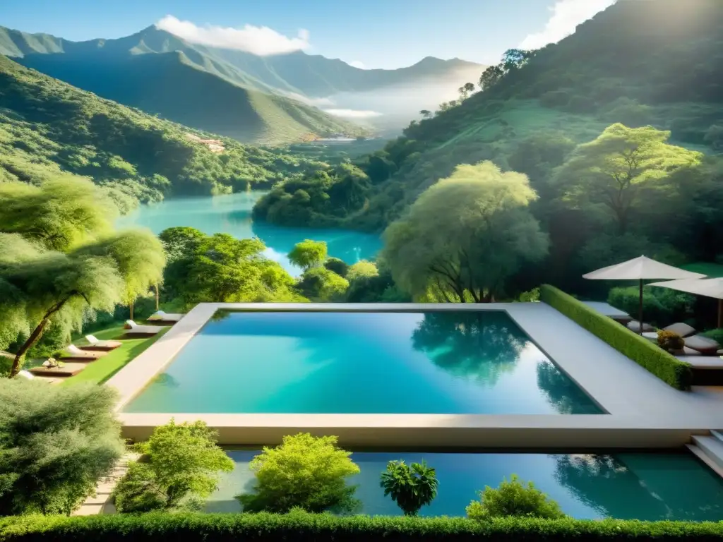 Un balneario moderno y sereno en un valle verde, con edificios de cristal rodeados de piscinas tranquilas y senderos serpenteantes