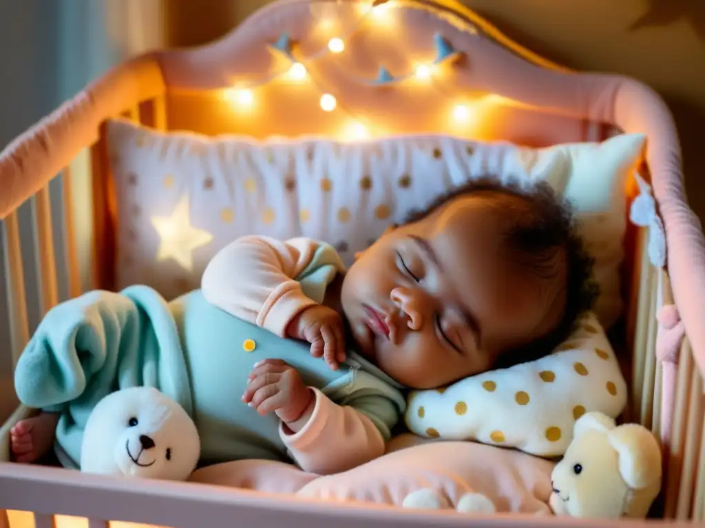 Un bebé dormido en cuna con suave luz nocturna, rodeado de tranquilidad