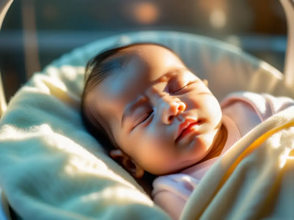 Un bebé prematuro duerme pacíficamente en una incubadora, con suave luz solar iluminando su rostro