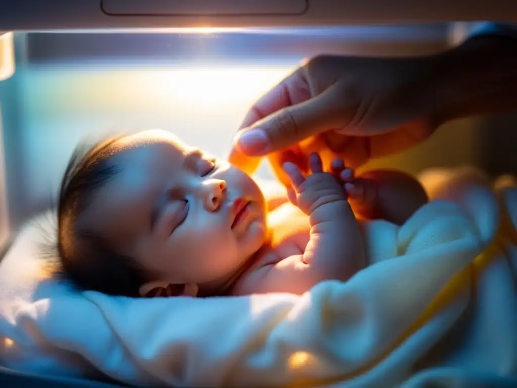 Un bebé prematuro duerme pacíficamente en una incubadora, con una suave luz iluminando su rostro