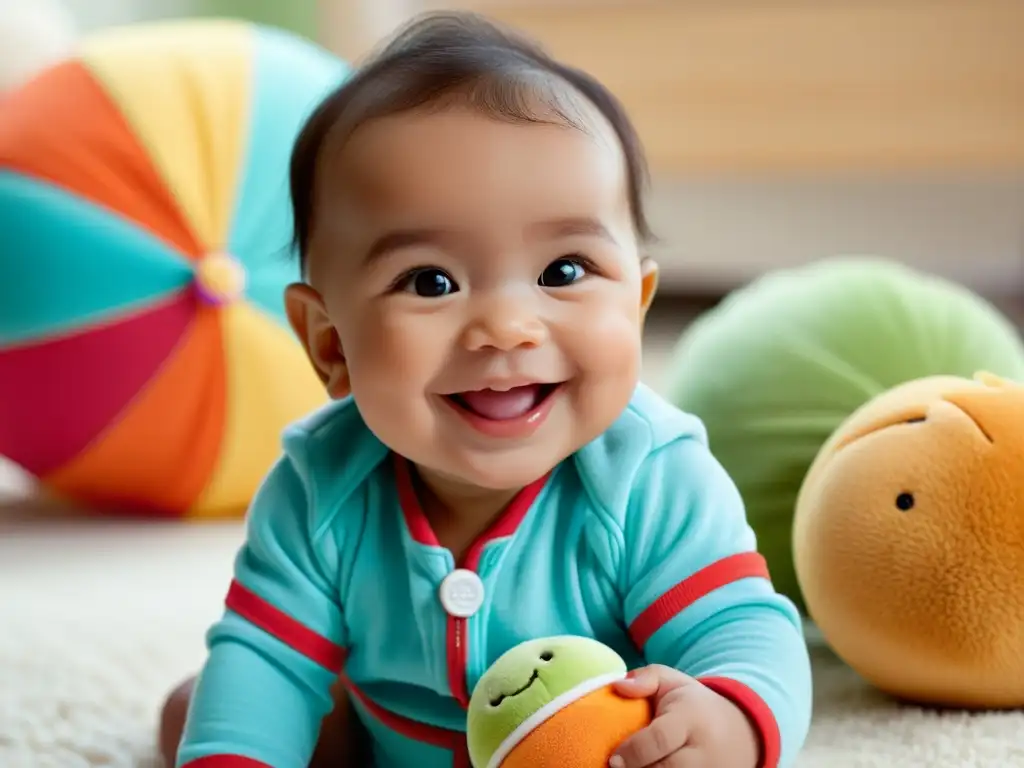 Un bebé sonriente en un cómodo body, con un juguete colorido al fondo