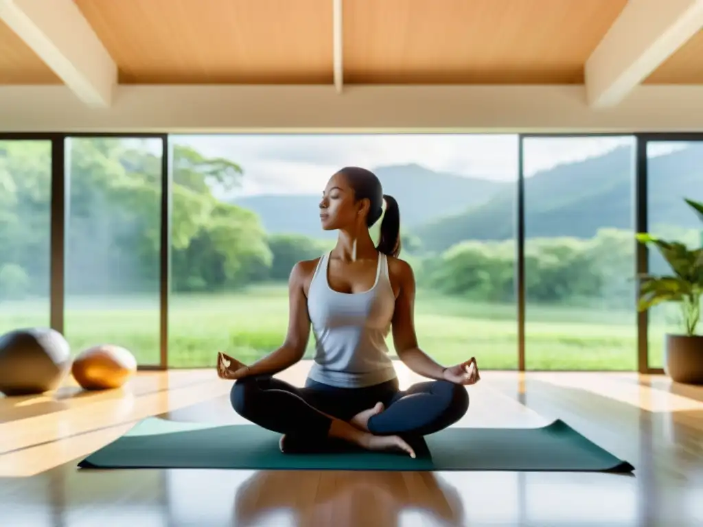 'Beneficios de la respiración consciente: Practicante de yoga en oficina moderna, rodeado de naturaleza serena y luz suave'