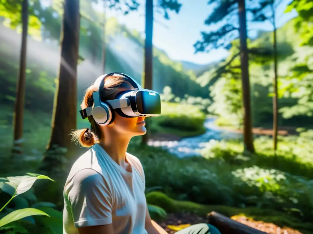 Beneficios de la terapia respiratoria con realidad virtual en un bosque sereno, promoviendo relajación y técnicas de respiración