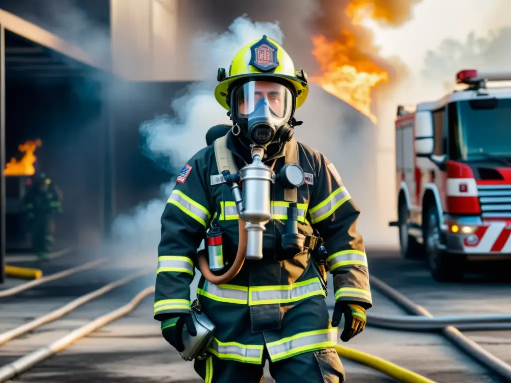 Un bombero con equipo de respiración autónoma frente a un entorno industrial lleno de humo