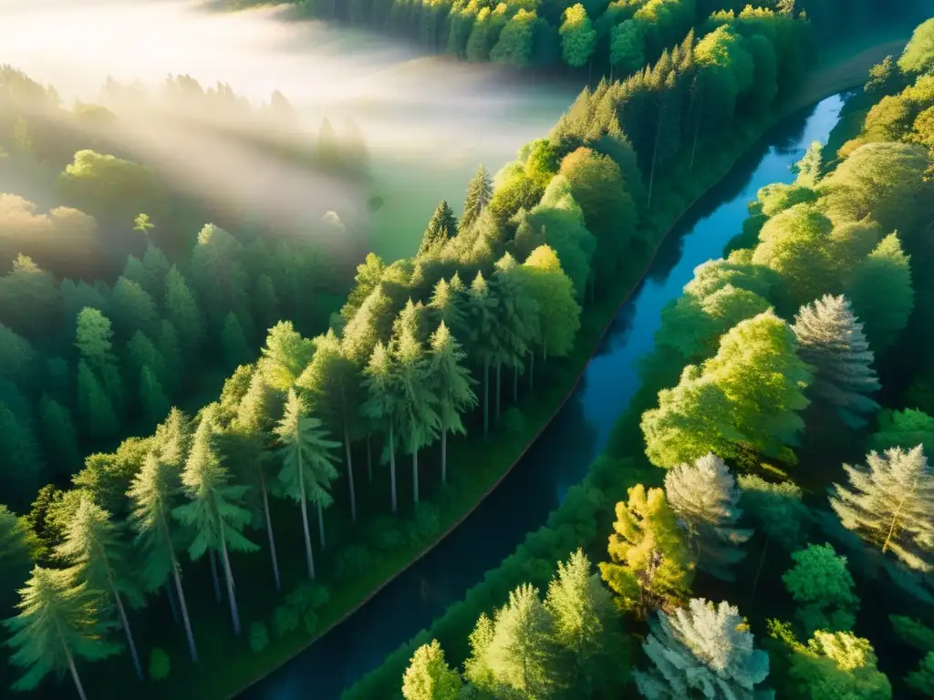 Un bosque cubierto de neblina al amanecer, con luz solar que crea una atmósfera etérea y serena, ideal para conectar con patrones respiratorios para creatividad