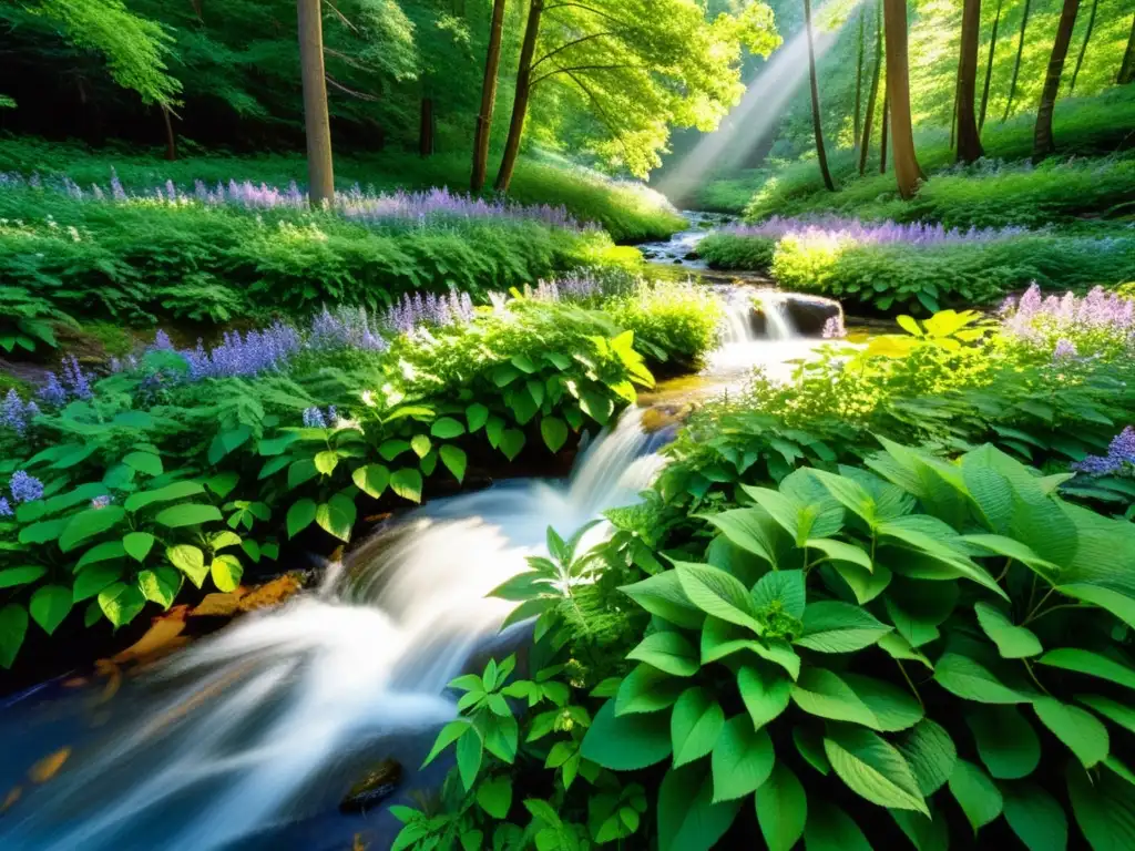 Un bosque exuberante bañado por la luz del sol, con un arroyo y flores silvestres