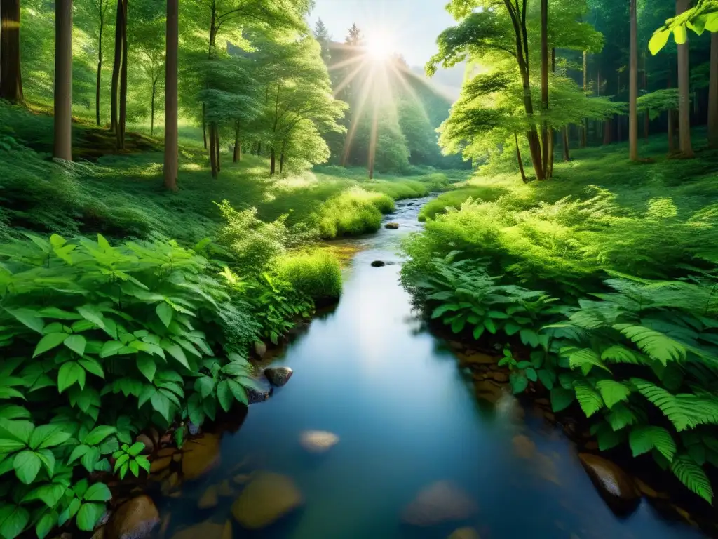 Un bosque exuberante con luz solar filtrándose a través de las hojas, reflejando sombras en el suelo