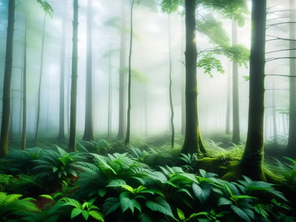 Un bosque exuberante y neblinoso, con luz solar filtrándose entre los árboles, crea una atmósfera tranquila y etérea