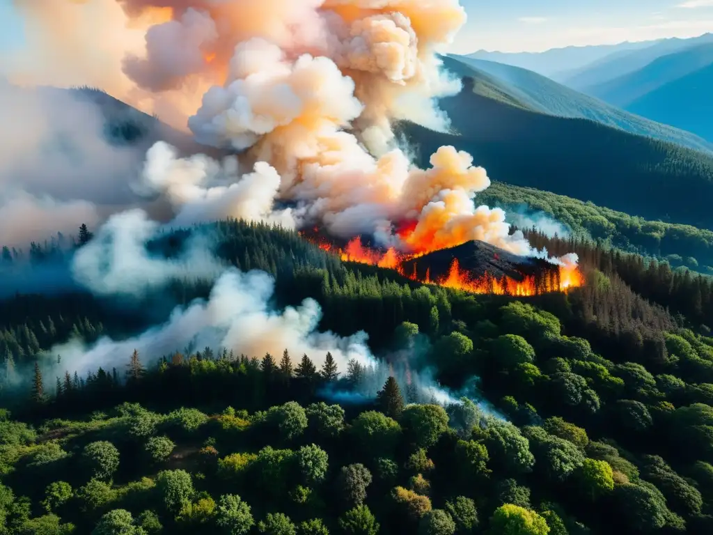 Un bosque en llamas con humo denso, colores vibrantes y un cielo azul profundo, creando un impacto incendios derrames calidad aire