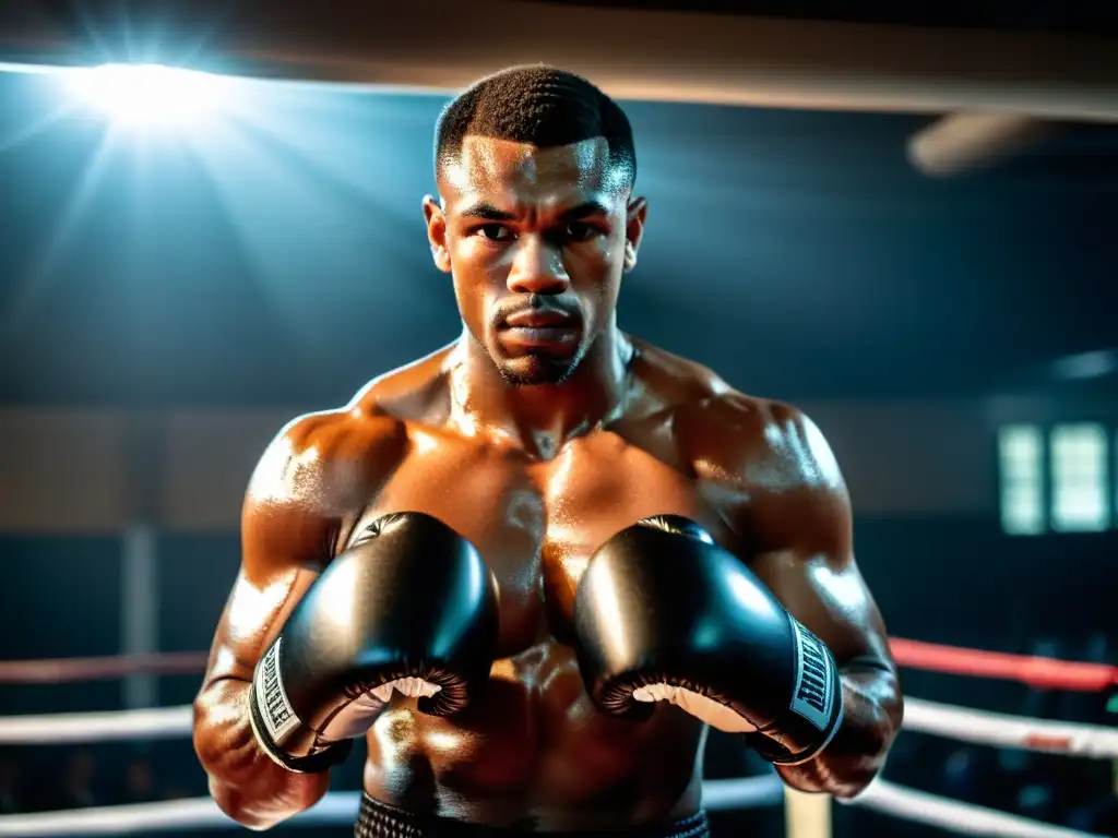 Un boxeador se concentra en ejercicios de respiración en un gimnasio oscuro, mostrando la potencia y resistencia de los boxeadores