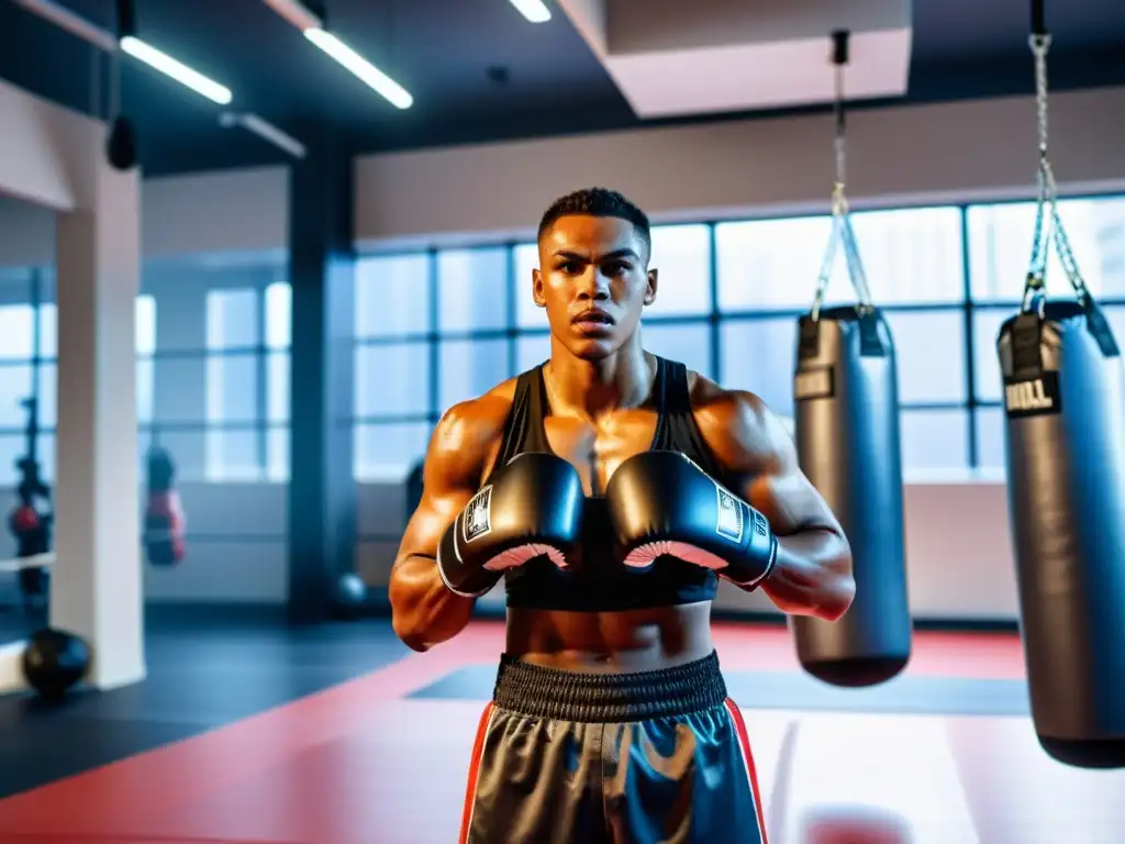 Un boxeador se prepara en un gimnasio moderno, listo para el combate, rodeado de equipo de alta tecnología