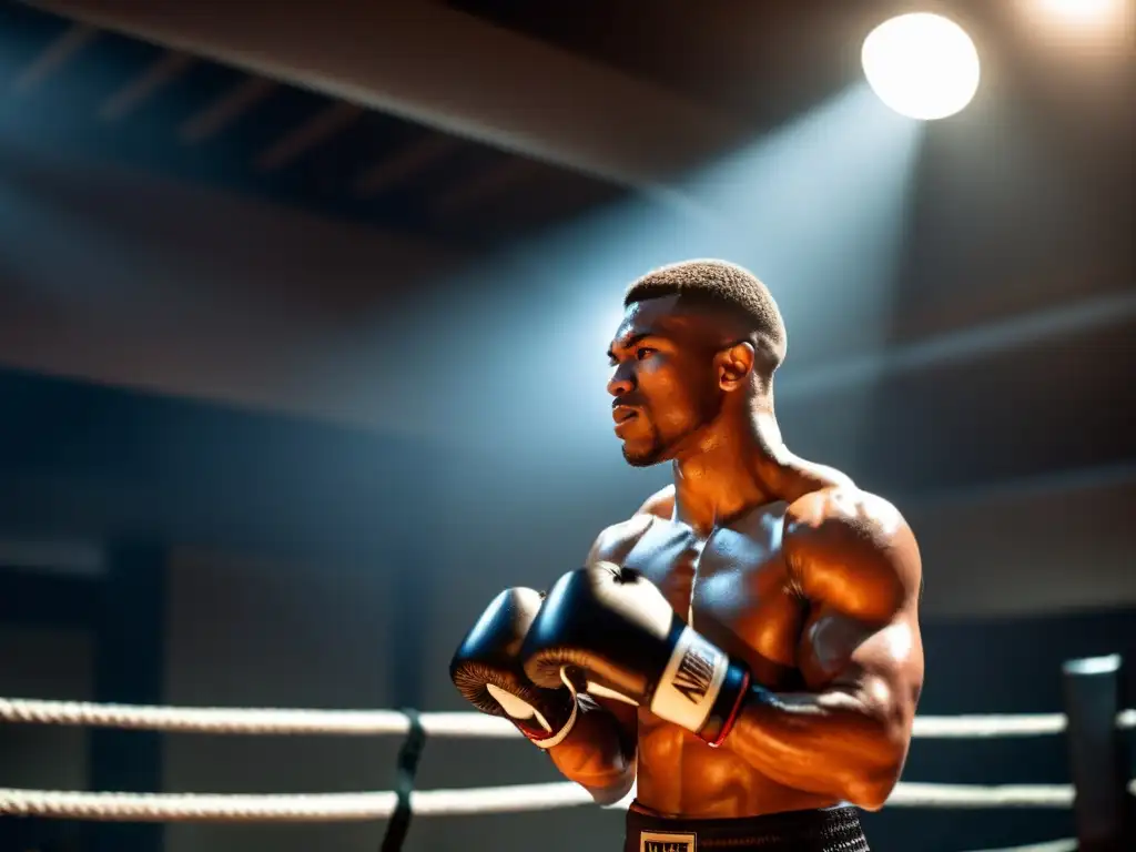 Un boxeador en un gimnasio oscuro, concentrado antes del entrenamiento, mostrando determinación y fuerza