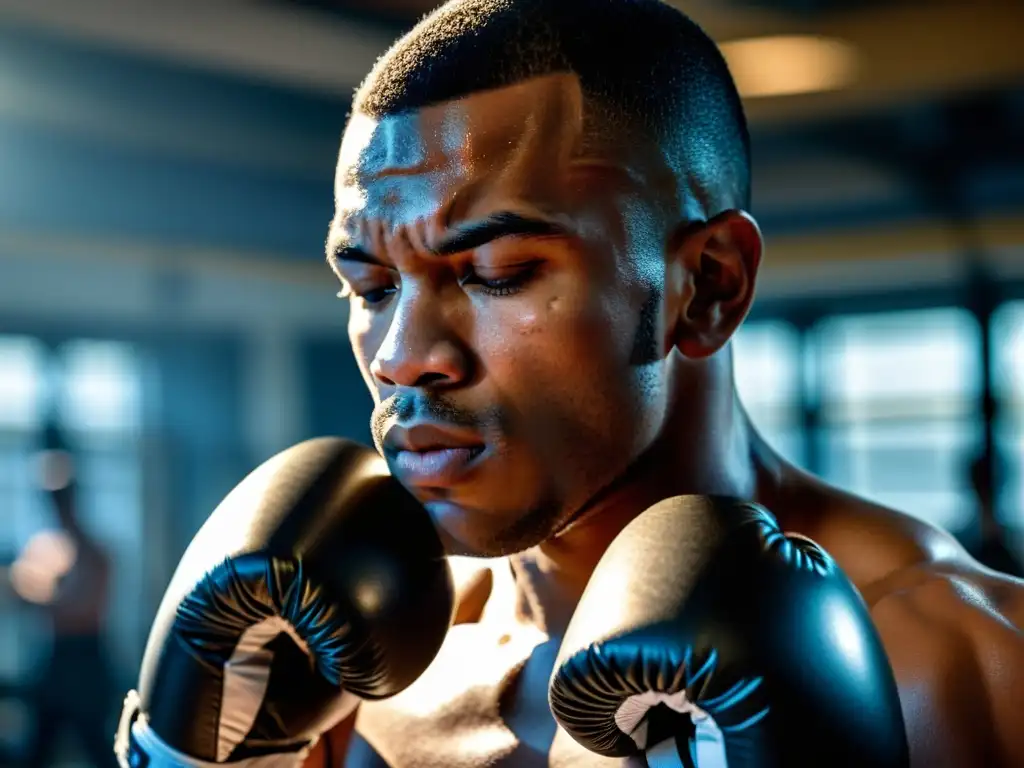 Un boxeador en el gimnasio, respirando profundamente con determinación, rodeado de energía y entrenamiento