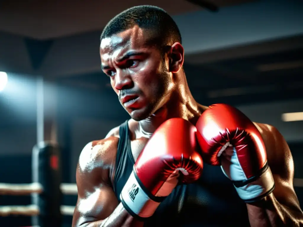 Un boxeador en un gimnasio tenue, usando vendas rojas, respira profundamente antes de la pelea