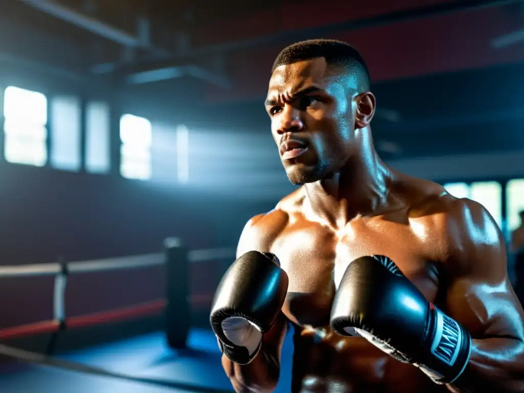 Un boxeador se prepara para lanzar un poderoso golpe, en una atmósfera intensa de un gimnasio