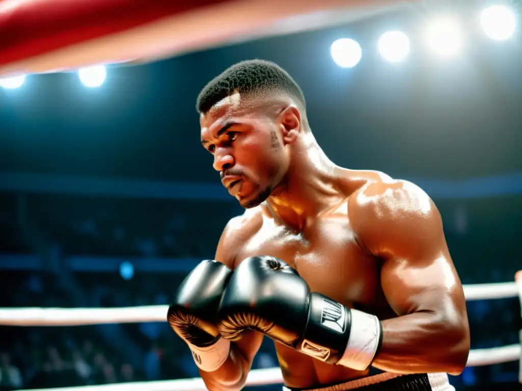 Un boxeador se prepara para lanzar un poderoso golpe, respirando con determinación para mejorar su rendimiento en el ring