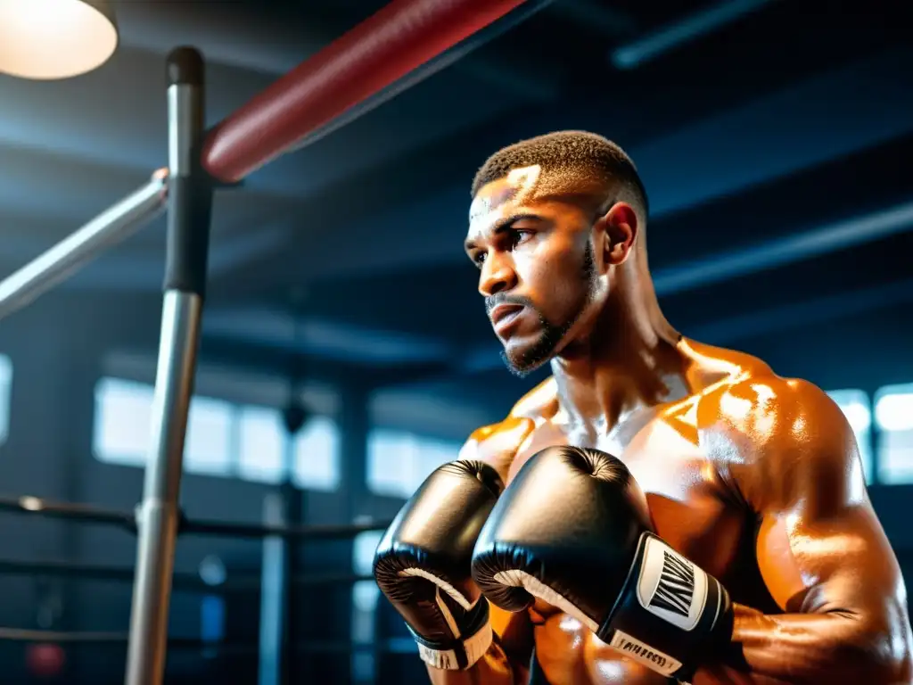 Un boxeador profesional enfocado practica ejercicios de respiración en un moderno gimnasio, destacando la intensidad del entrenamiento