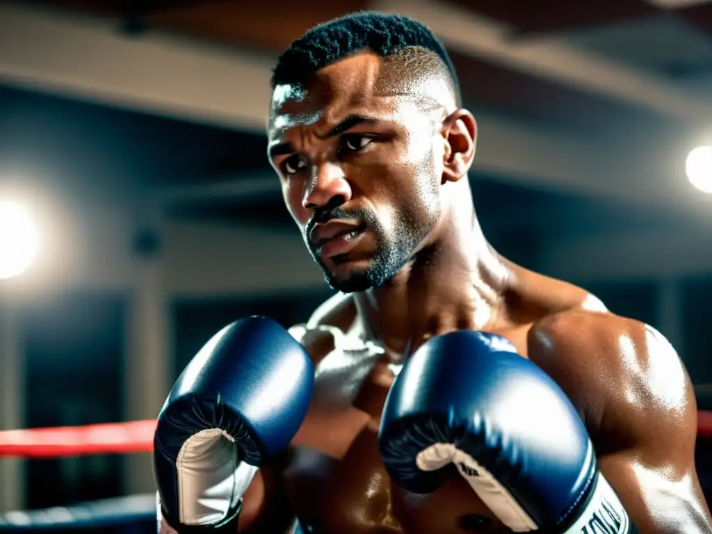 Un boxeador profesional toma una profunda respiración, mostrando determinación en un gimnasio