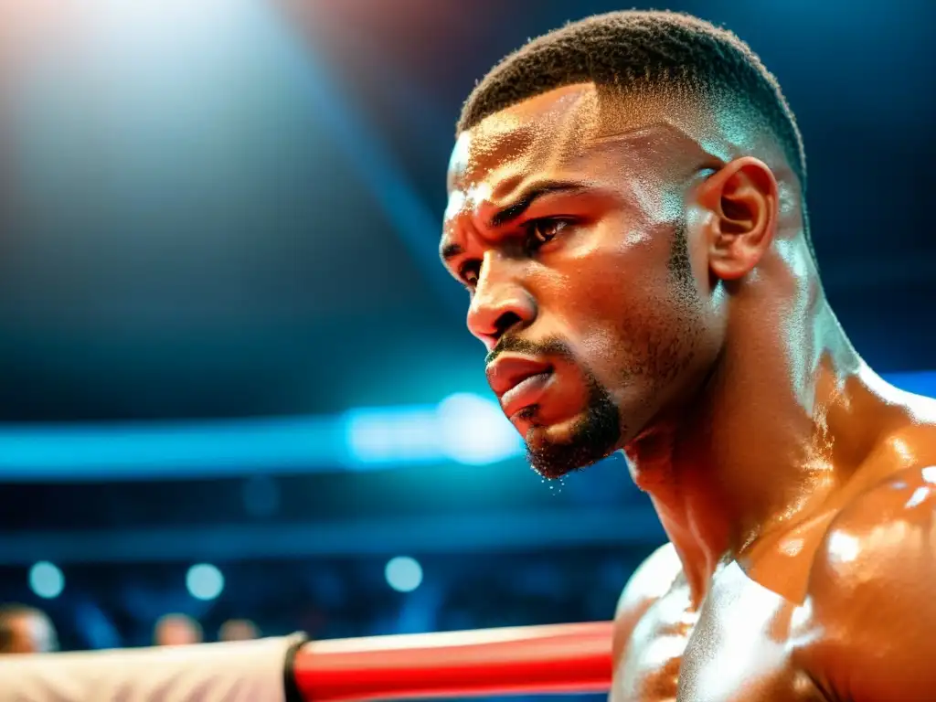 Un boxeador profesional en el ring, con sudor en la cara y mirada determinada