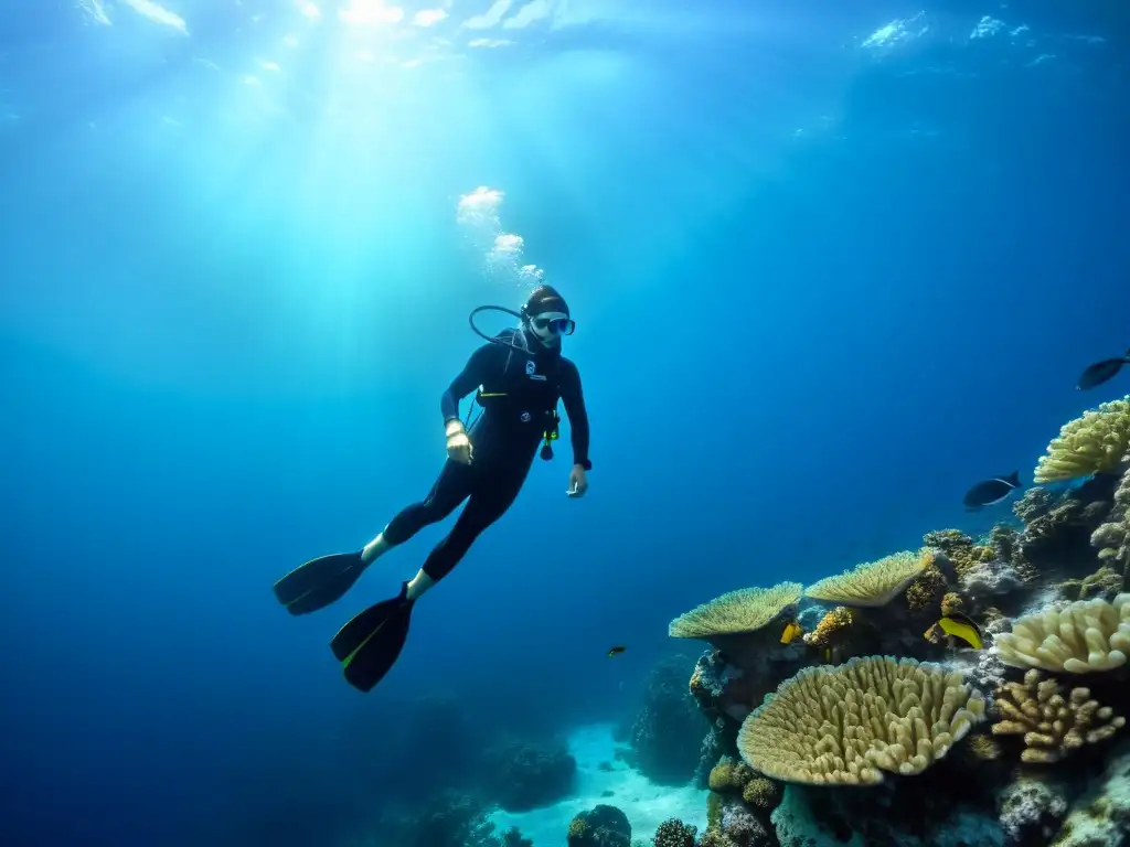 Un buceador experto desciende con gracia en un mar azul profundo, rodeado de vida marina y arrecifes de coral vibrantes