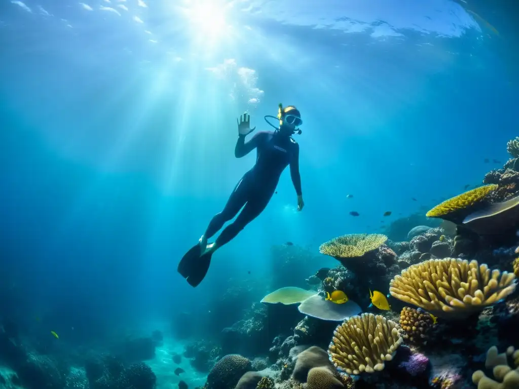 Un buceador libre desciende con gracia entre arrecifes de coral, rodeado de vida marina