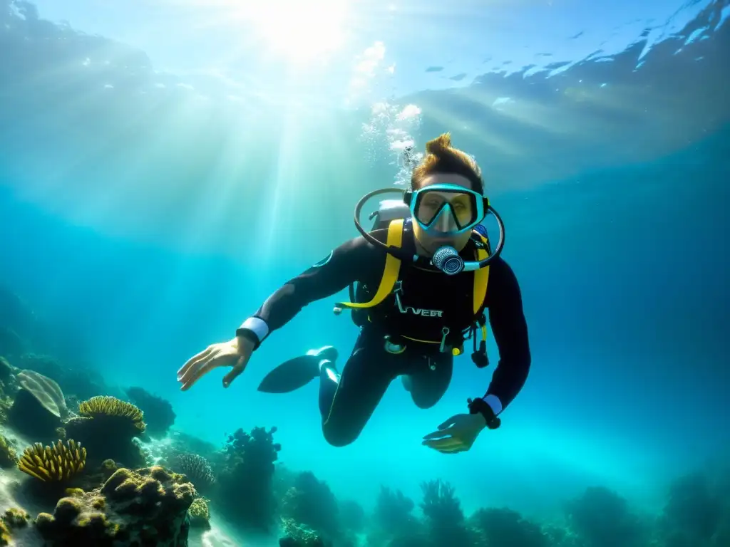 Un buceador ejecuta técnicas avanzadas de respiración en un entorno submarino vibrante y sereno