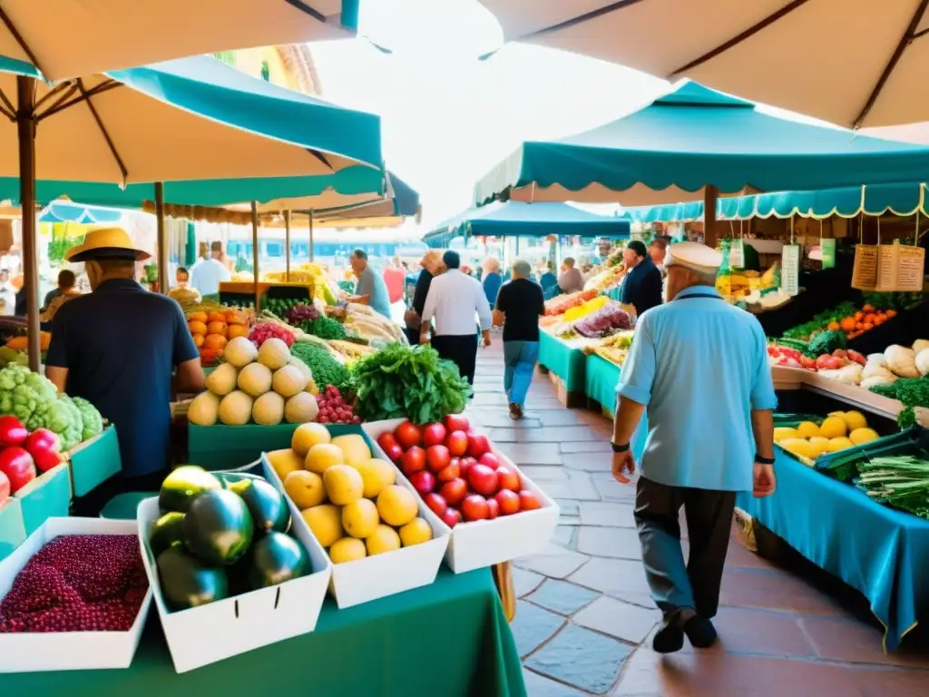 Un bullicioso mercado mediterráneo con coloridos puestos de frutas, verduras y mariscos