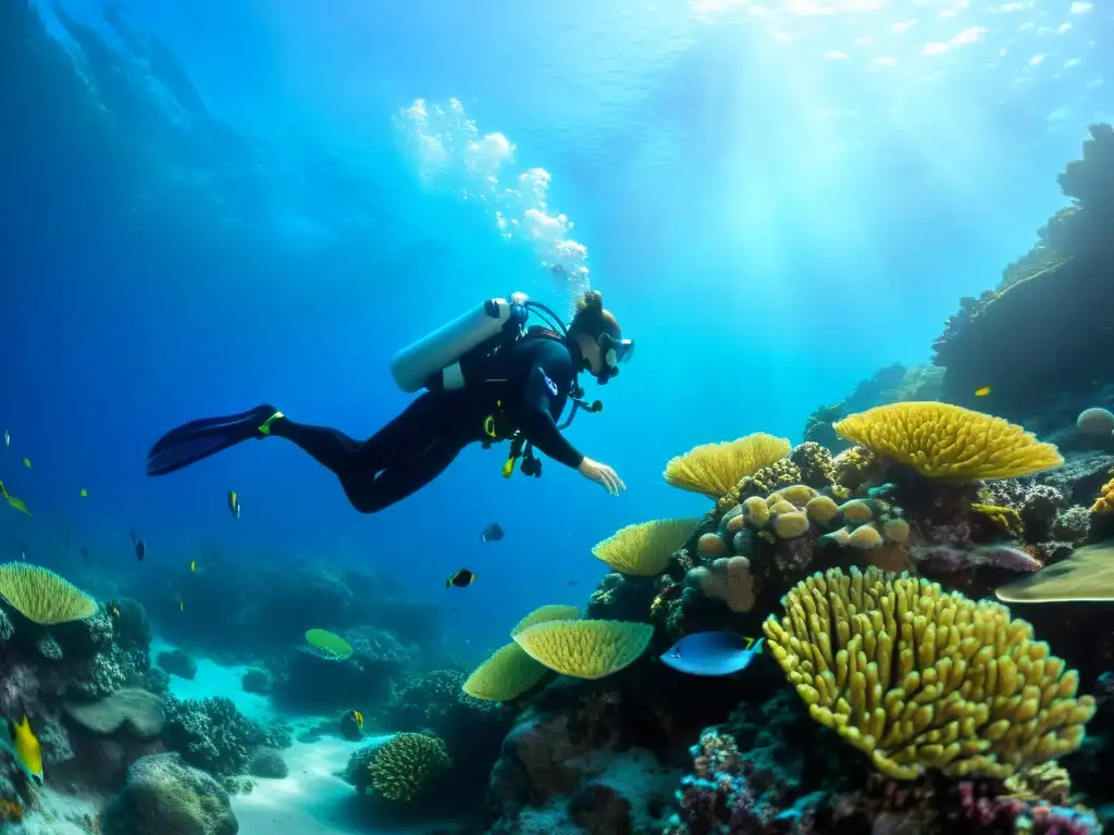 Un buzo profesional practica técnicas avanzadas de respiración en un vibrante arrecife de coral, mostrando tranquilidad y enfoque