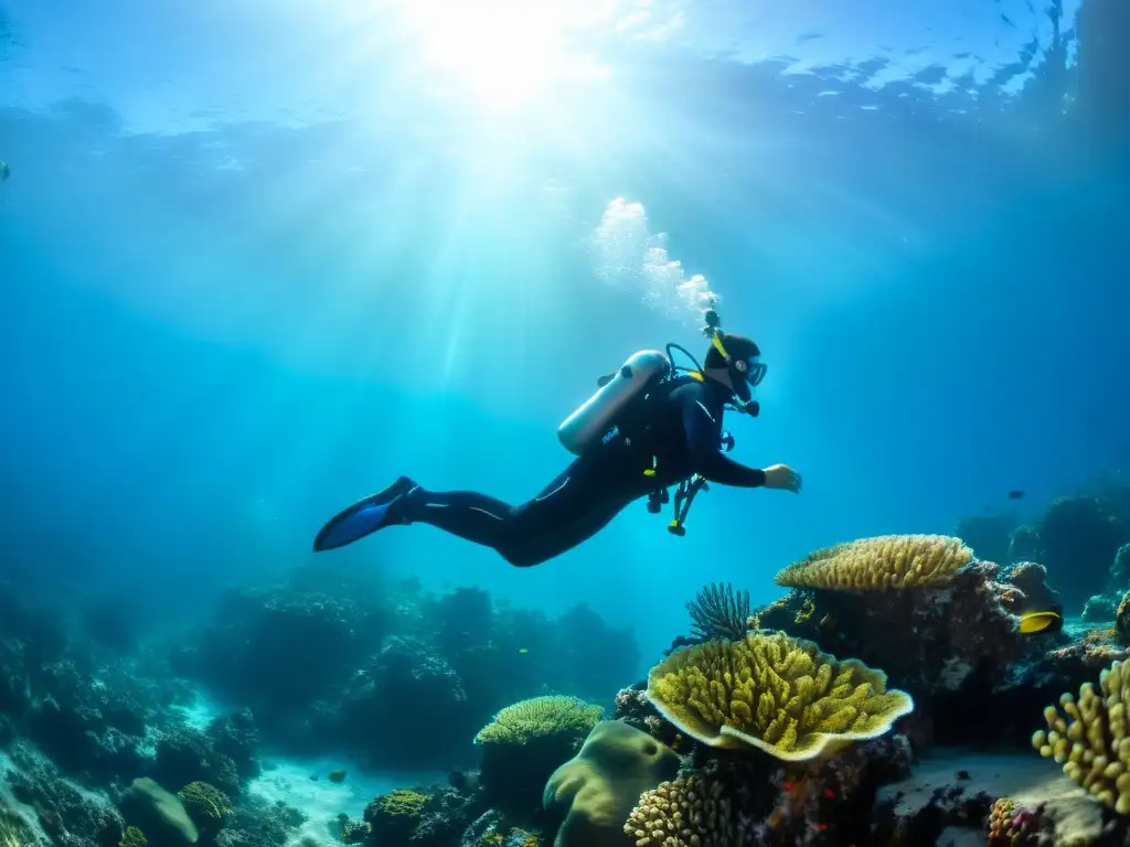 Un buzo practica técnicas avanzadas de respiración entre un vibrante arrecife de coral, mostrando tranquilidad y dominio bajo el agua