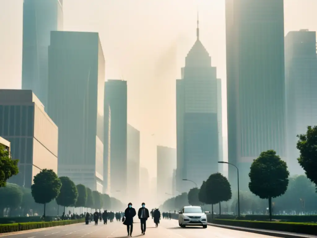 Una calle bulliciosa de la ciudad llena de rascacielos, envuelta en espesa contaminación, donde la gente usa mascarillas