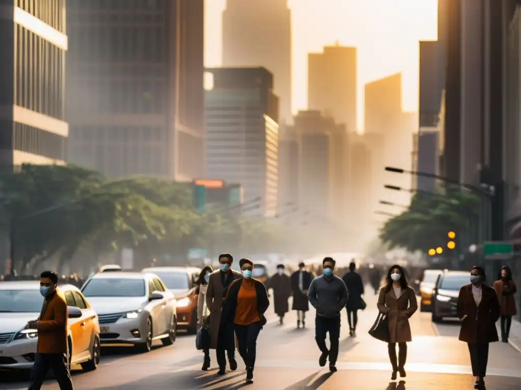 Una calle de la ciudad llena de tráfico y smog, con gente usando máscaras por la contaminación señales daño pulmones