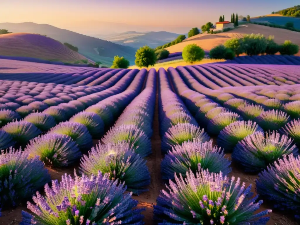 Un campo de lavanda al atardecer, con beneficios de la lavanda para respiración