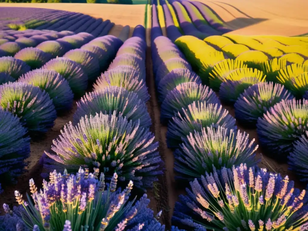 Un campo de lavanda al atardecer, con flores púrpuras vibrantes y luz dorada cálida, beneficios de la lavanda para respiración