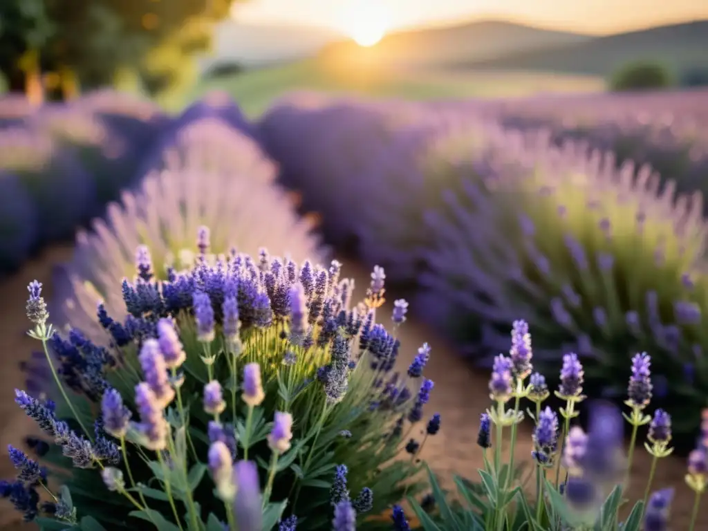 Un campo de lavanda vibrante al atardecer, bañado por el sol, con abejas revoloteando alrededor de las flores