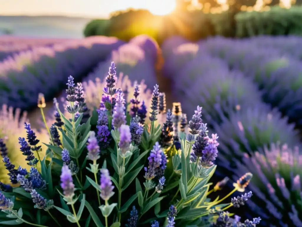 Un campo de lavanda vibrante bañado por la luz dorada del atardecer, resaltando los beneficios de la lavanda para respiración