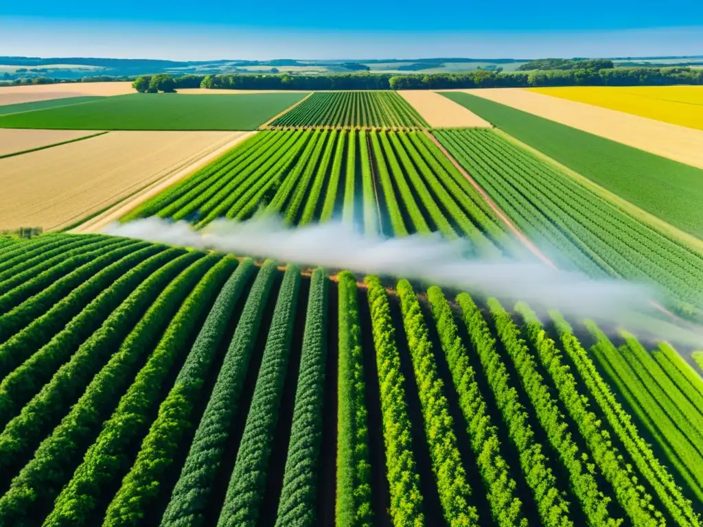 Un campo agrícola vibrante se extiende hasta el horizonte bajo la luz dorada del sol