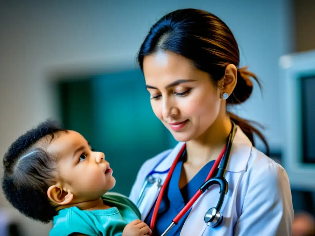 Un cardiólogo pediátrico escucha el corazón de un niño con atención, transmitiendo confianza y cuidado