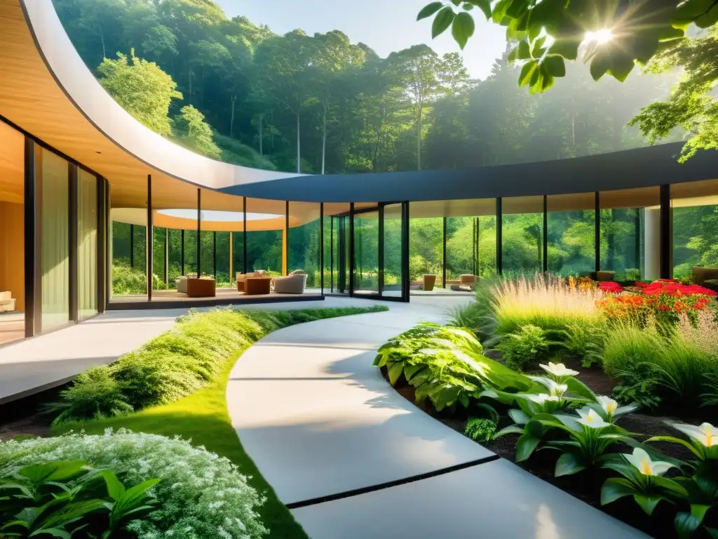 Un centro de bienestar moderno y sereno en un frondoso bosque, con luz natural y prácticas de respiración al aire libre