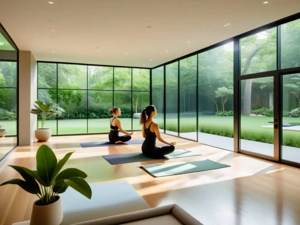 Un centro de bienestar moderno y sereno con luz natural y práctica de yoga, promoviendo evolución estrategias marketing bienestar holístico