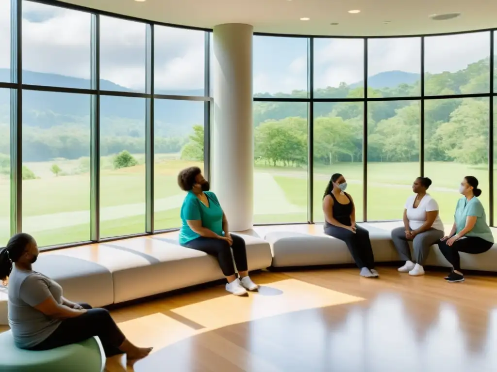 Un centro de rehabilitación moderno y sereno con grandes ventanas que ofrecen vistas a un apacible paisaje verde