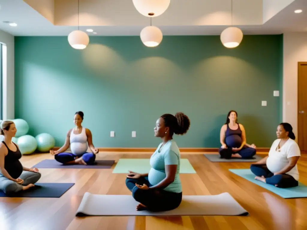 Un centro de parto moderno y sereno con preparación online para parto, mujeres embarazadas practicando yoga prenatal en un espacio luminoso y calmado