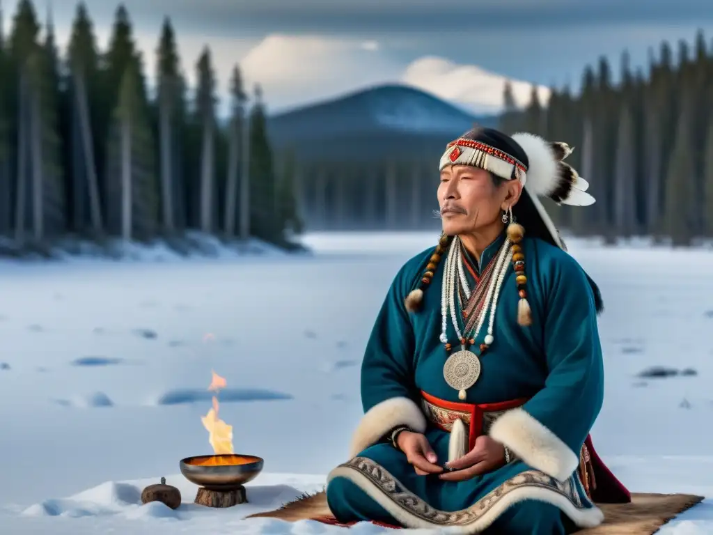 Un chaman siberiano en profunda meditación practicando técnicas de respiración en la serena taiga