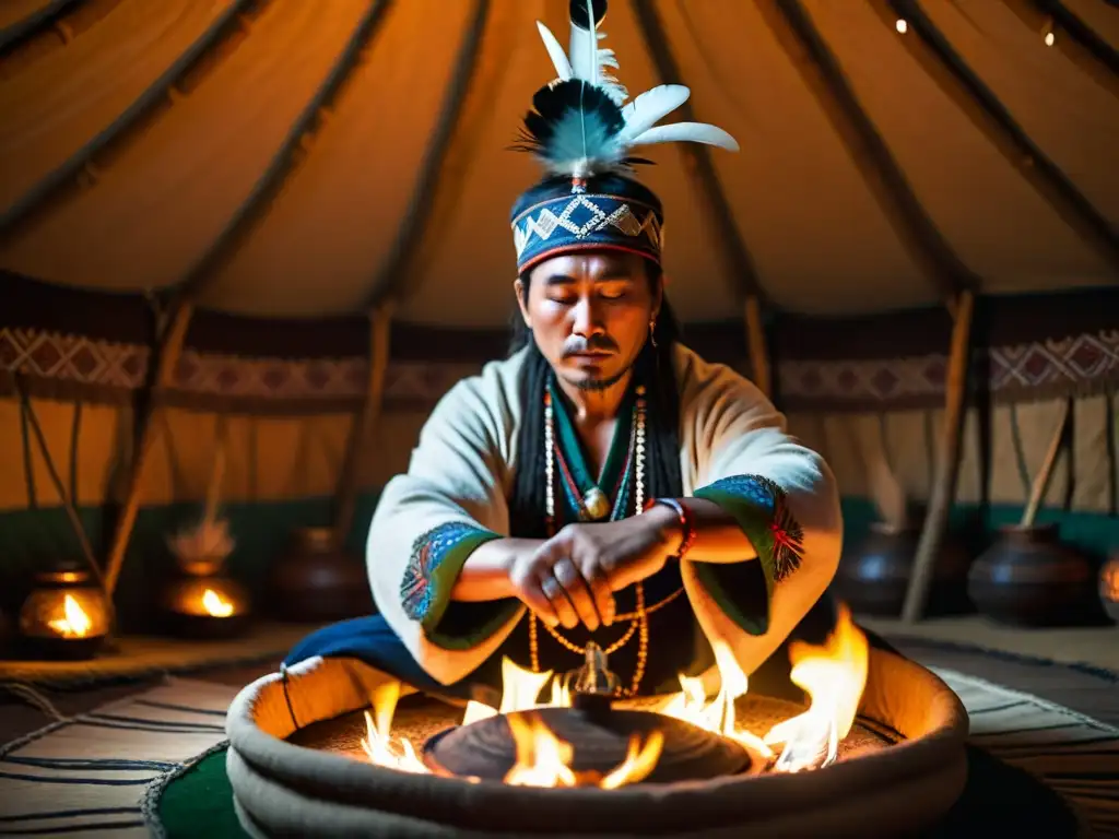 Un chamán siberiano realiza un ritual de curación en una yurta, respiración en prácticas curativas chamanes siberianos