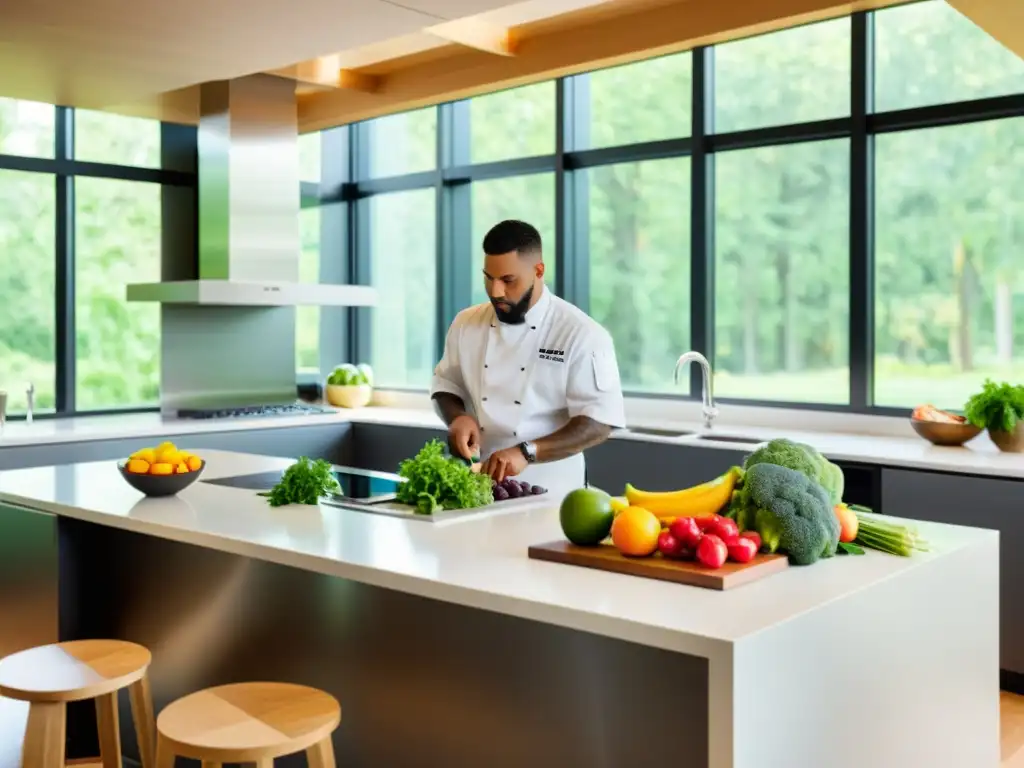 Un chef profesional prepara una comida saludable en una cocina moderna y serena, con estrategias dietéticas para EPOC