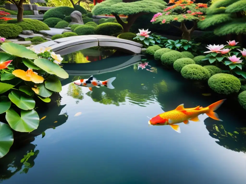 Un jardín chino sereno con peces koi, reflejando la flora