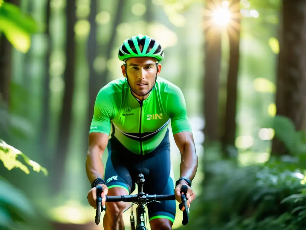 Un ciclista en el bosque, con luz filtrándose entre las hojas