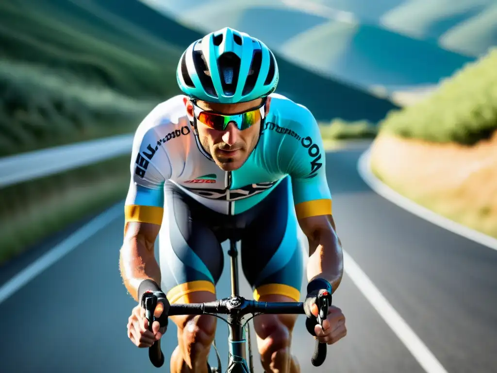 Un ciclista competidor se esfuerza en una carretera sinuosa de montaña, demostrando su capacidad pulmonar para ciclismo competencia