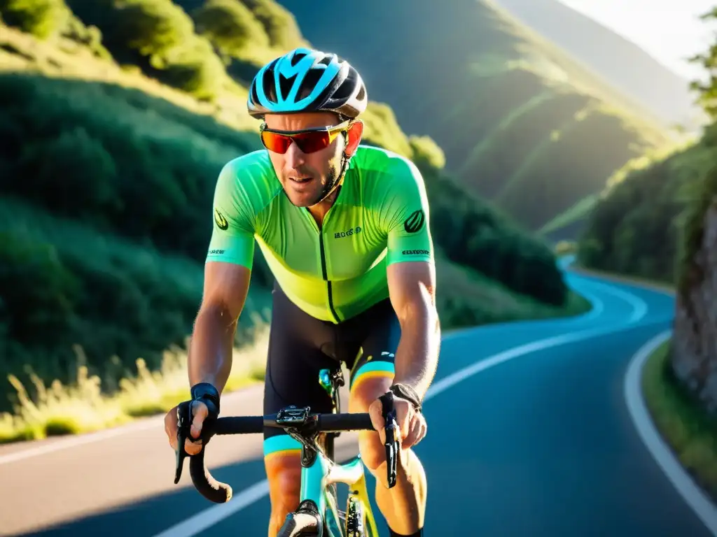 Un ciclista subiendo una empinada carretera de montaña, con determinación y esfuerzo visible en su rostro