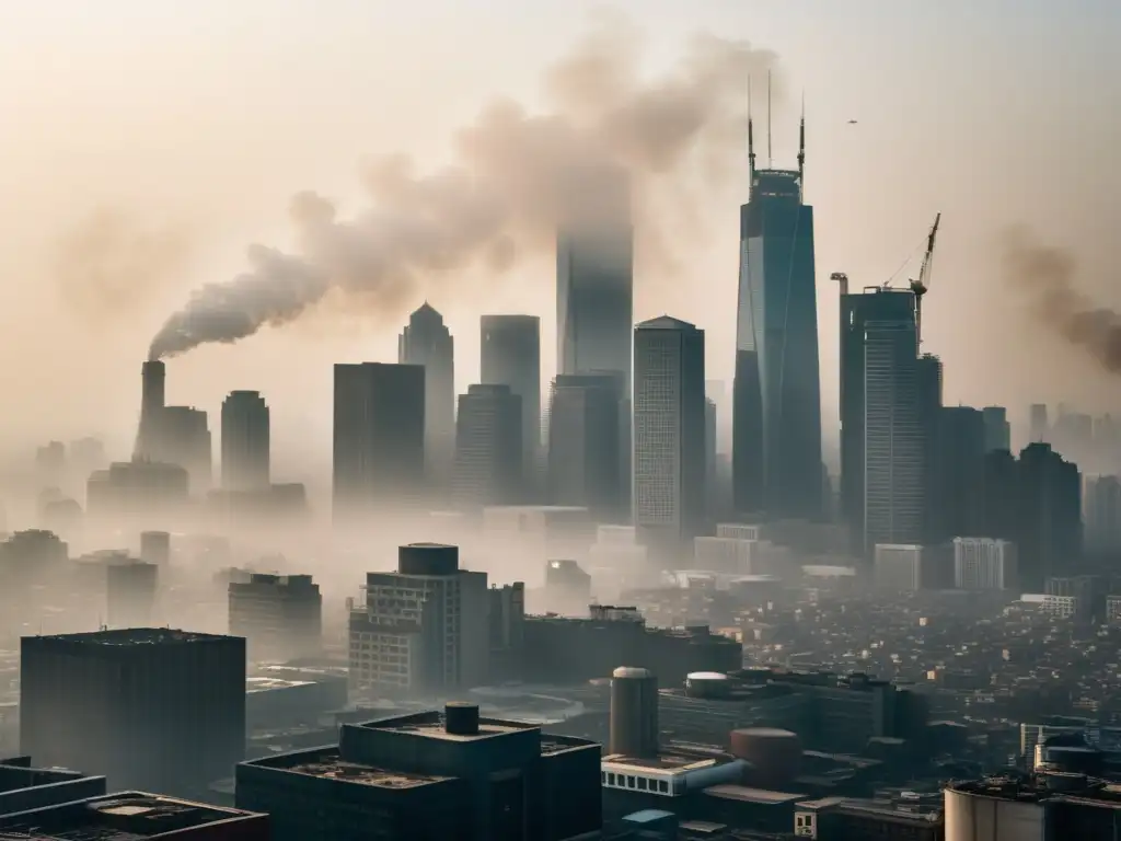 El cielo de la ciudad está cubierto por un denso smog grisáceo, mostrando la contaminación y su impacto en la salud pulmonar