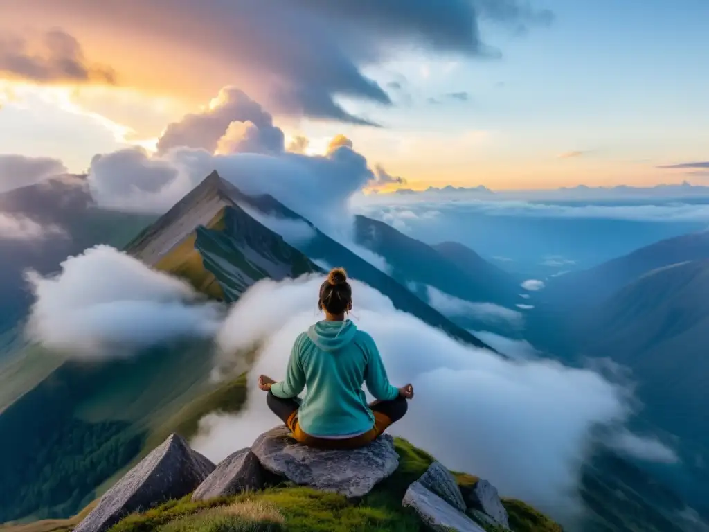 Practicando meditación en la cima de una montaña, rodeado de nubes, con energía colorida